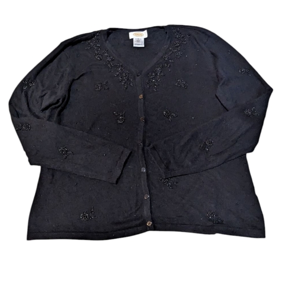 Talbot's Cardigan Beaded Black Silk Cashmere Button Up Sweater Medium Preppy - Picture 1 of 9